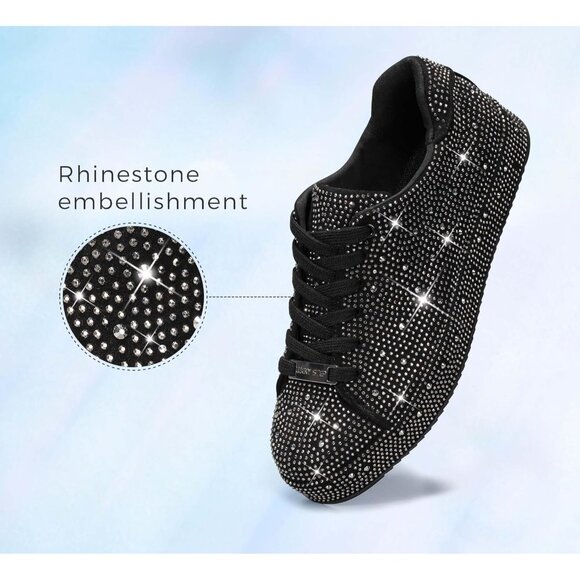 Women's Black Pewter Rhinestone Fashion Glitter Sneakers Sparkly Shiny Shoes - Picture 3 of 9